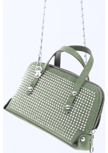 Mint Yeşil SHK223 Süet Kumaş Taşlı Mini Boy Fermuarlı Tek Bölmeli Zincirli El. Kol ve Omuz Çantası