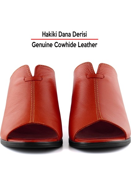 Valery Kırmızı Siyah Hakiki Dana Derisi Önü Açık Kalın Topuklu Terlik