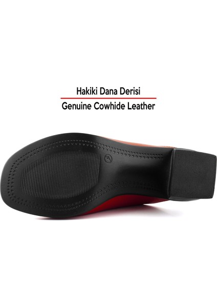 Valery Kırmızı Siyah Hakiki Dana Derisi Önü Açık Kalın Topuklu Terlik