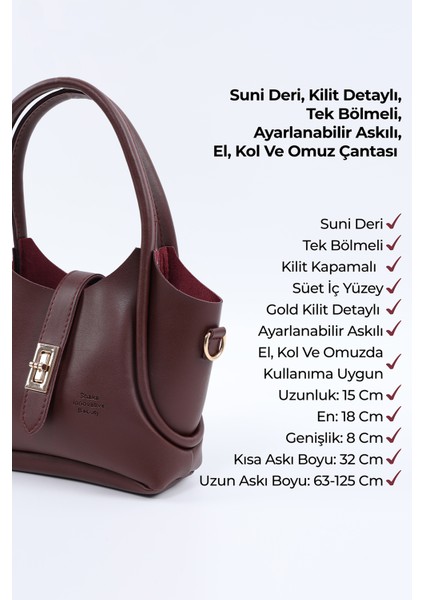 Bordo Shk187 Suni Deri Kilit Detaylı Ayarlabilir Askılı El,Kol ve Omuz Çantası