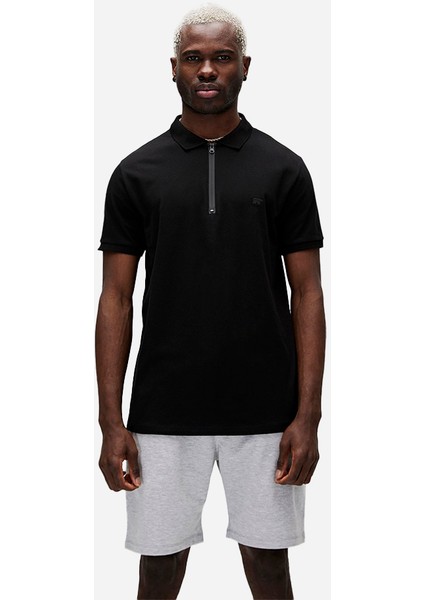 Cord Siyah Polo Yaka Fermuarlı Erkek T-Shirt