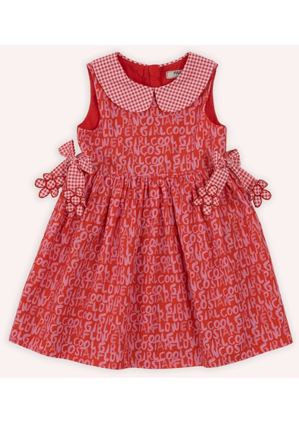 Kız Bebek Yaka Detaylı Eteği Volanlı Aplike Detaylı Desenli Nar Elbise