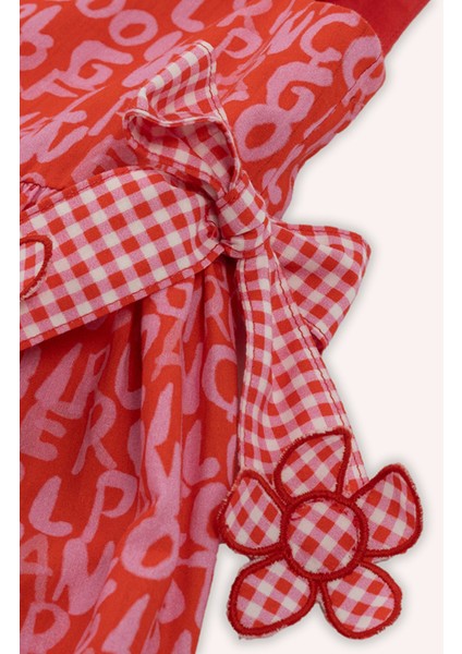 Kız Bebek Yaka Detaylı Eteği Volanlı Aplike Detaylı Desenli Nar Elbise fiyatları