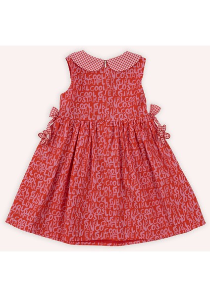 Kız Bebek Yaka Detaylı Eteği Volanlı Aplike Detaylı Desenli Nar Elbise modelleri