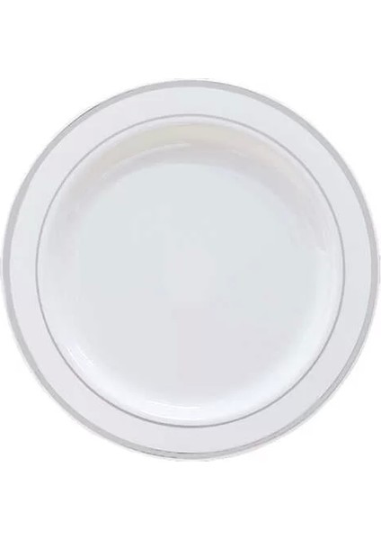 Plastik Gümüş Renk Işlemeli Beyaz Tabak 19 cm - 6 Adet