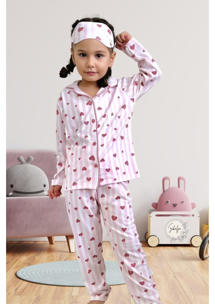 Kalp Desenli Pembe Çizgili Gömlek Yaka Kız Çocuk Pijama Takımı