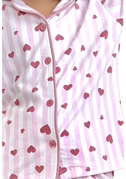 Kalp Desenli Pembe Çizgili Gömlek Yaka Kız Çocuk Pijama Takımı modelleri