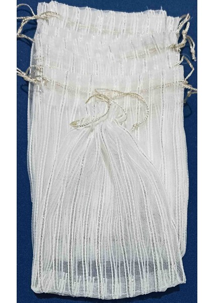 Ip Çizgili Gümüş Simli Tül Kese 15*20 cm Ebatında 12 Adettir Hediyelik Bohçalık Çeyizlik