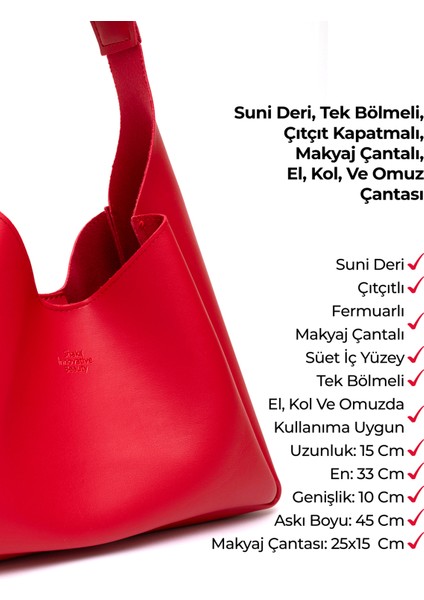 Kırmızı SHK19 Suni Deri, Çıtçıtlı, Tek Bölmeli, Fermuarlı Makyaj Çantalı, El, Kol ve Omuz Çantası