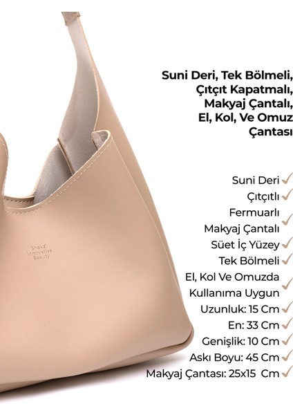Vizon SHK19 Suni Deri, Çıtçıtlı, Tek Bölmeli, Fermuarlı Makyaj Çantalı, El, Kol ve Omuz Çantası