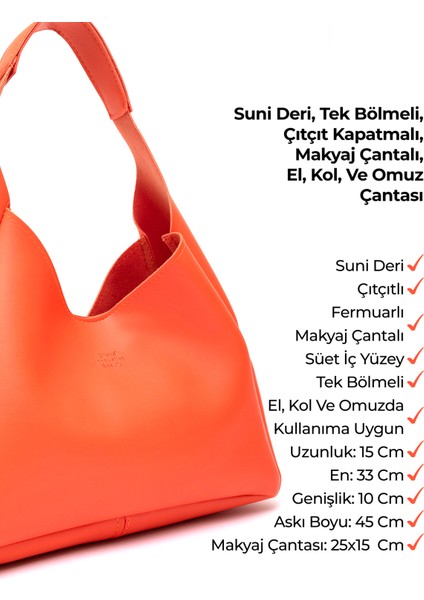 Turuncu SHK19 Suni Deri, Çıtçıtlı, Tek Bölmeli, Fermuarlı Makyaj Çantalı, El, Kol ve Omuz Çantası