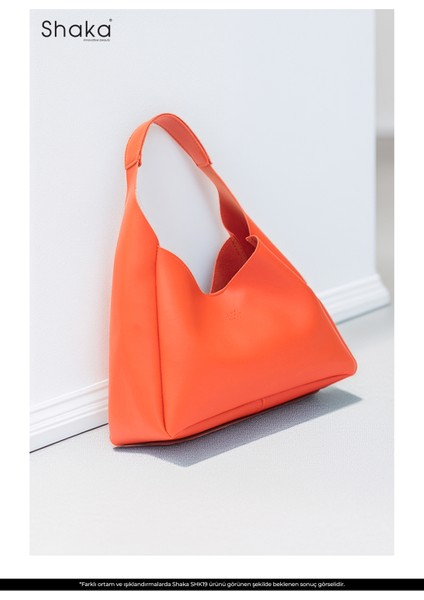 Turuncu SHK19 Suni Deri, Çıtçıtlı, Tek Bölmeli, Fermuarlı Makyaj Çantalı, El, Kol ve Omuz Çantası