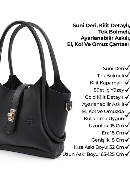 Shk187 Siyah Deri Kilit Detaylı Ayarlabilir Askılı El,Kol Ve Omuz Çantası U:14 E:20 G:7 Cm