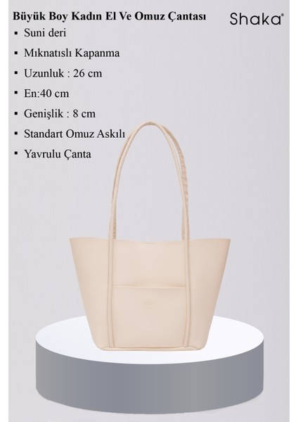 Krem SHK80 Önü Cepli Çıtçıtlı Makyaj Çantalı Suni Deri Büyük Boy Kol ve Omuz Çantası U:26 E:40 G:8 cm modelleri