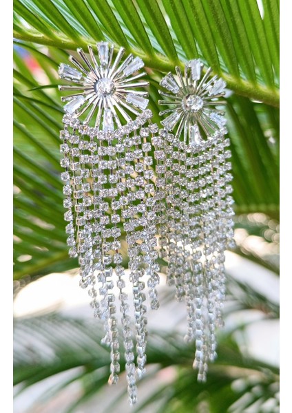 Gümüş Renk Zirkon Taşlı Lüks Abiye Küpe