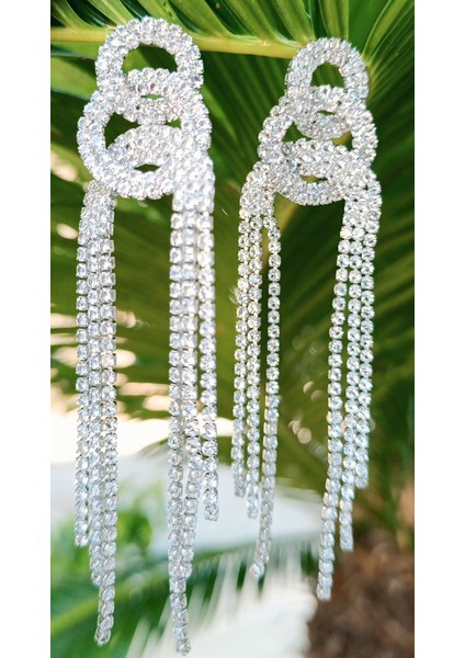 Gümüş Renk Zirkon Taşlı Lüks Abiye Küpe