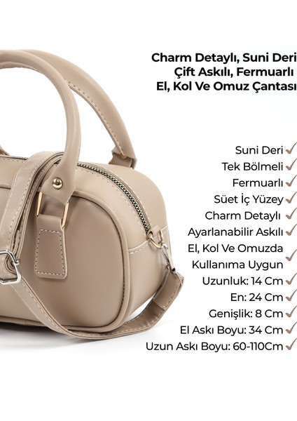 Vizon SHK207 Suni Deri Charm Detaylı Fermuarlı Ayarlanabilir Askılı El, Kol ve Omuz Çantası U:14 E:24 G:8 cm