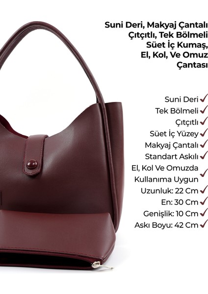 Bordo Shk79 Deri Düğme Detaylı Çıtçıtlı Makyaj Çantalı Kol ve Omuz Çantası