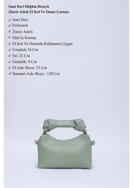 Mint Yeşil SHK24 Orjinal Soft Deri Düğüm Detaylı Zincir Askılı El ve Omuz Çantası U:14 E:22 G:8 cm modelleri