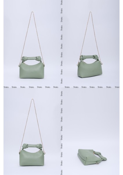 Mint Yeşil SHK24 Orjinal Soft Deri Düğüm Detaylı Zincir Askılı El ve Omuz Çantası U:14 E:22 G:8 cm