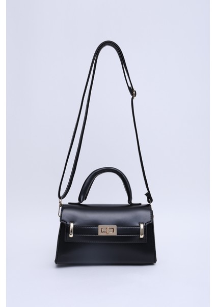 Siyah Shk188 Suni Deri Tek Bölmeli Kilit Detaylı Askılı El, Kol Ve Omuz Çantası