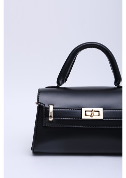 Siyah Shk188 Suni Deri Tek Bölmeli Kilit Detaylı Askılı El, Kol Ve Omuz Çantası