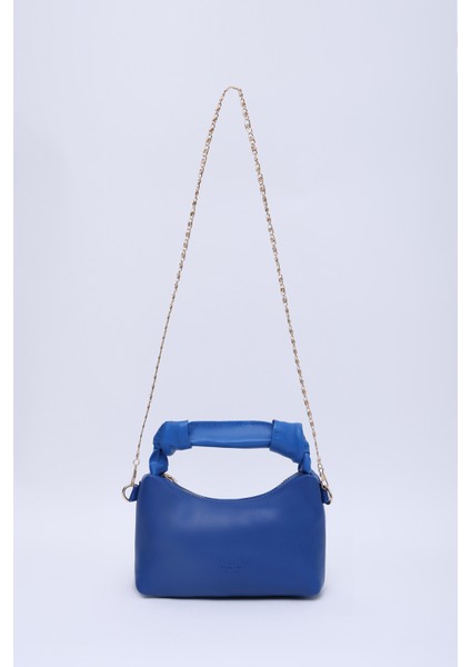Saks Mavi SHK24 Orjinal Soft Deri Düğüm Detaylı Zincir Askılı El ve Omuz Çantası U:14 E:22 G:8 cm