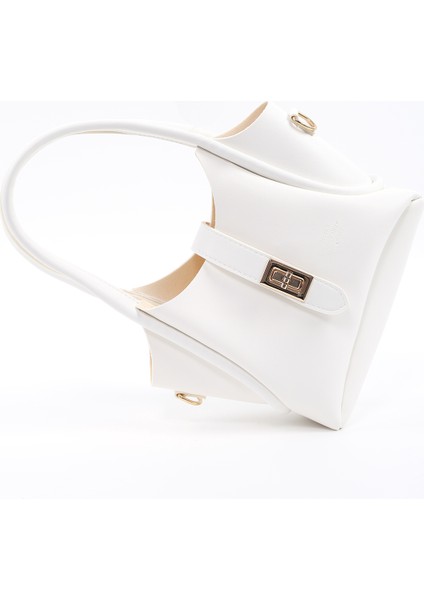 Beyaz Shk187 Deri Kilit Detaylı Ayarlabilir Askılı El,Kol Ve Omuz Çantası U:14 E:20 G:7 Cm