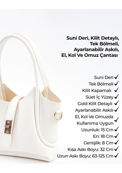Beyaz Shk187 Deri Kilit Detaylı Ayarlabilir Askılı El,Kol Ve Omuz Çantası U:14 E:20 G:7 Cm
