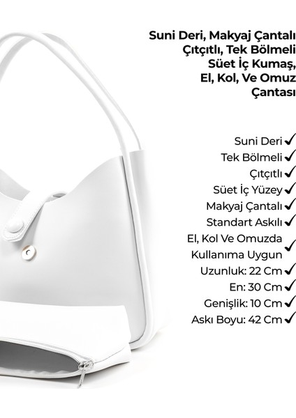 Beyaz Shk79 Deri Düğme Detaylı Çıtçıtlı Makyaj Çantalı Kol ve Omuz Çantası
