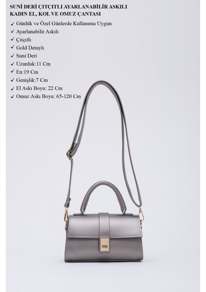 Gümüş SHK109 Suni Deri Çıtçıtlı Ayarlanabilir Askılı Kadın El, Kol ve Omuz Çantası U:11 E:19 G:7 cm modelleri