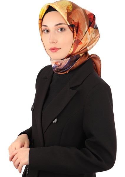 Kahverengi Armoni Desen Sura Ipek Eşarp