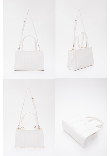 Beyaz Shk83 Deri Tek Bölmeli Fermuarlı Çift Askılı El, Kol Ve Omuz Çantası U:17 E:27 G:10