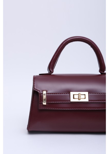 Bordo Shk188 Suni Deri Tek Bölmeli Kilit Detaylı Askılı El, Kol Ve Omuz Çantası