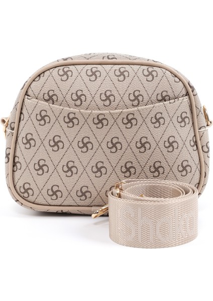 Monogram Baskılı Vizon SHK194 Suni Deri Fermuarlı 2 Bölmeli Ayarlanabilir Kolon Askılı Omuz Çantası