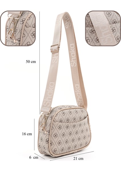 Monogram Baskılı Vizon SHK194 Suni Deri Fermuarlı 2 Bölmeli Ayarlanabilir Kolon Askılı Omuz Çantası fırsatları
