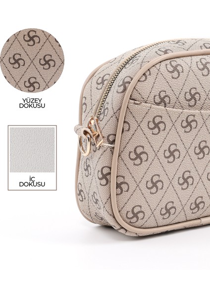 Monogram Baskılı Vizon SHK194 Suni Deri Fermuarlı 2 Bölmeli Ayarlanabilir Kolon Askılı Omuz Çantası indirimleri