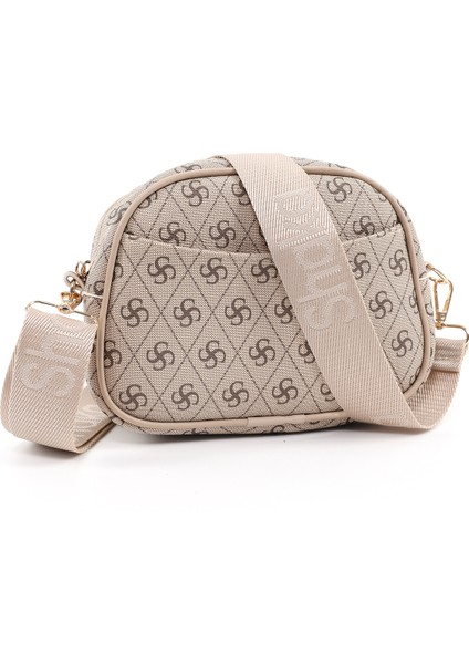 Monogram Baskılı Vizon SHK194 Suni Deri Fermuarlı 2 Bölmeli Ayarlanabilir Kolon Askılı Omuz Çantası