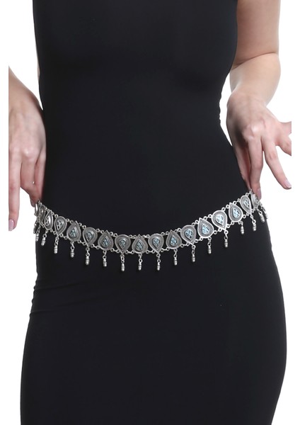 Kadın Antik Gümüş Kaplama Mavi Boncuklu Damla Formlu Bel Kemeri, Bel Kolyesi