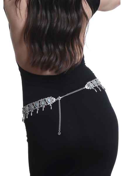 Kadın Antik Gümüş Kaplama Mavi Boncuklu Damla Formlu Bel Kemeri, Bel Kolyesi fiyatları