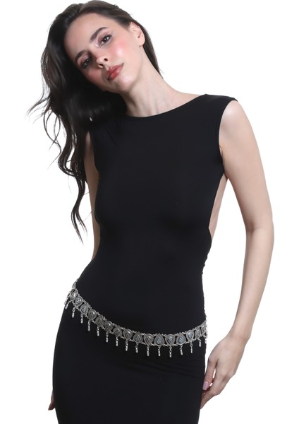 Kadın Antik Gümüş Kaplama Mavi Boncuklu Damla Formlu Bel Kemeri, Bel Kolyesi fırsatları