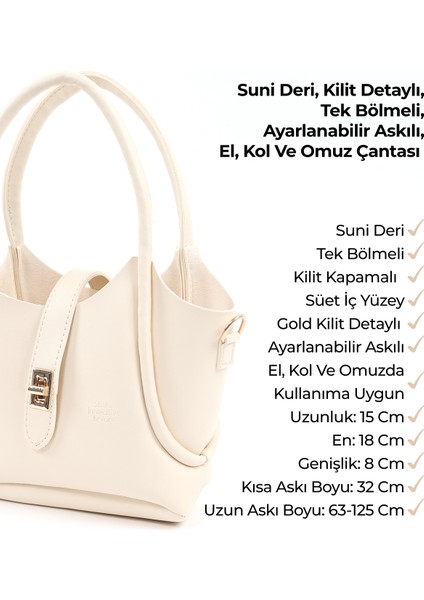Krem Shk187 Suni Deri Kilit Detaylı Ayarlabilir Askılı El,Kol ve Omuz Çantası