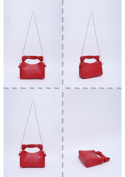 Kırmızı SHK24 Orjinal Soft Deri Düğüm Detaylı Zincir Askılı El ve Omuz Çantası U:14 E:22 G:8 cm