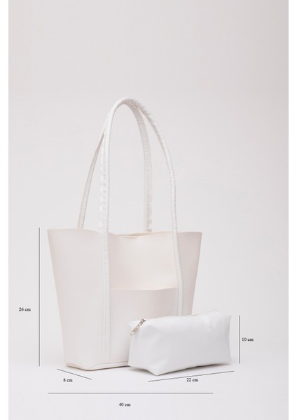 Beyaz Shk80 Önü Cepli Çıtçıtlı Makyaj Çantalı Suni Deri Büyük Boy Kol ve Omuz Çantası fırsatları