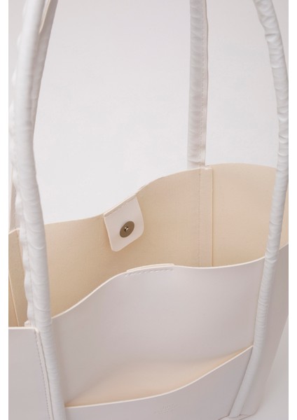 Beyaz Shk80 Önü Cepli Çıtçıtlı Makyaj Çantalı Suni Deri Büyük Boy Kol ve Omuz Çantası