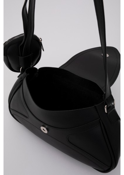Siyah Shk96 Suni Deri Tek Bölmeli Cüzdanlı Kol ve Omuz Çantası
