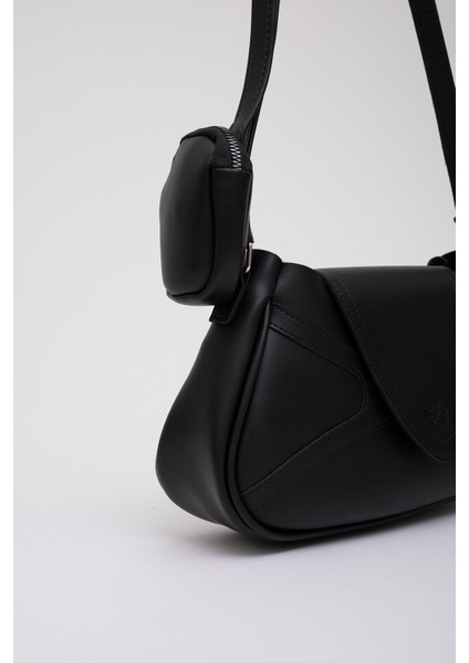 Siyah Shk96 Suni Deri Tek Bölmeli Cüzdanlı Kol ve Omuz Çantası