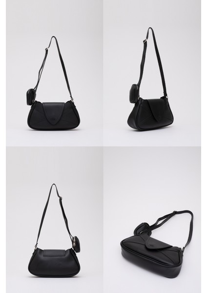 Siyah Shk96 Suni Deri Tek Bölmeli Cüzdanlı Kol ve Omuz Çantası