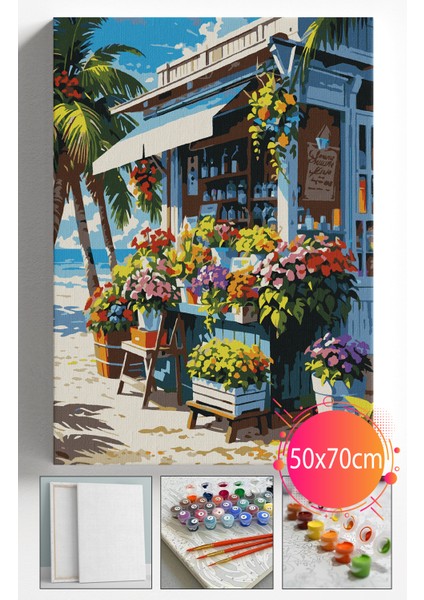 Sayılarla Boyama Seti Numaralı Tuval Fırça Boya Dahil Kasnaklı Set 50X70 cm - Çiçekçi