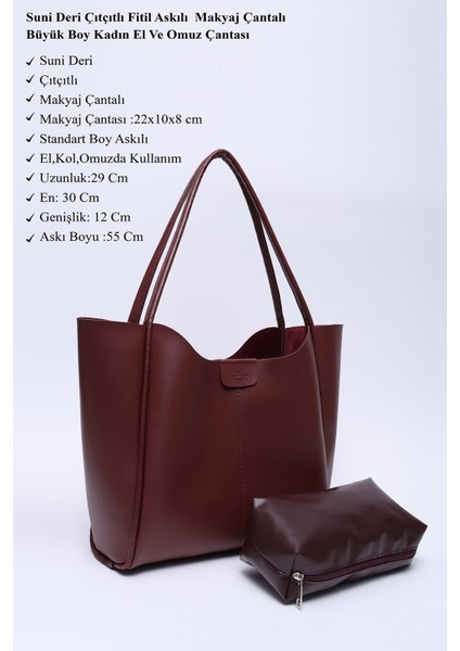 Bordo Shk76 Çıtçıtlı Fitil Askılı Deri Makyaj Çantalı Büyük Boy Kadın El Ve Omuz Çantası U:29 E:30 G:9 Cm modelleri